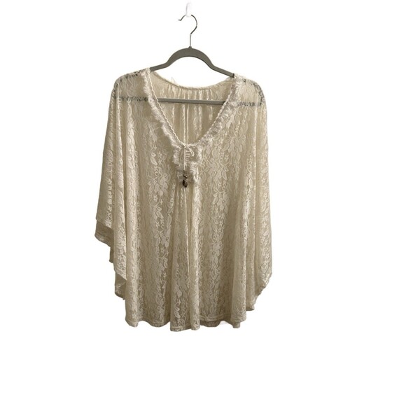 Women's Lace Batwing Sleeve Tunic Top Sz 2X Peasant Boho Fringe Tie - Picture 1 of 5